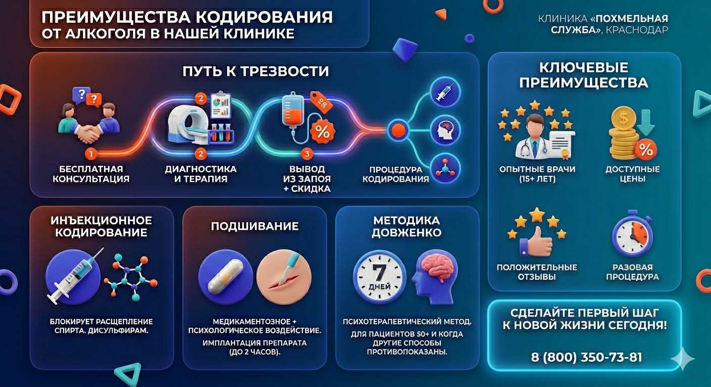 Инфографика о методах кодирования от алкоголя в Кисловодске: инъекции, подшивание, метод Довженко. Преимущества клиники и этапы лечения.